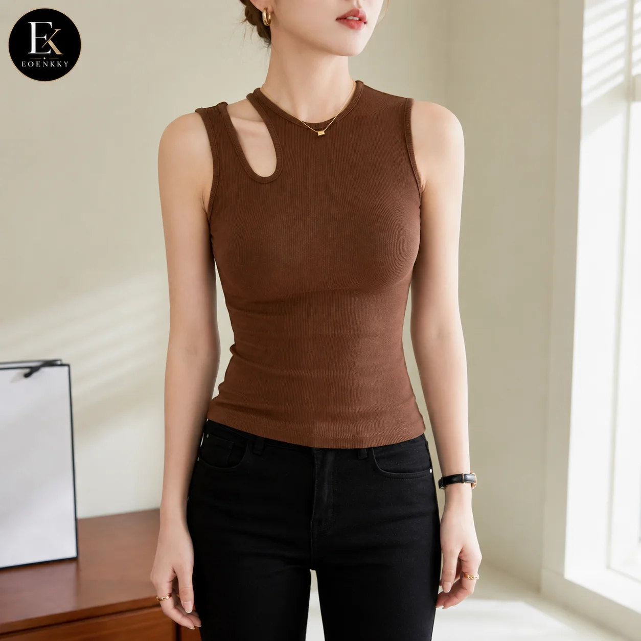 EOENKKY Women's Ribbed Tank Top – High-Stretch, Slim-Fit Sleeveless Top with Asymmetric Cut-Outs – Casual Summer Fitted Tank