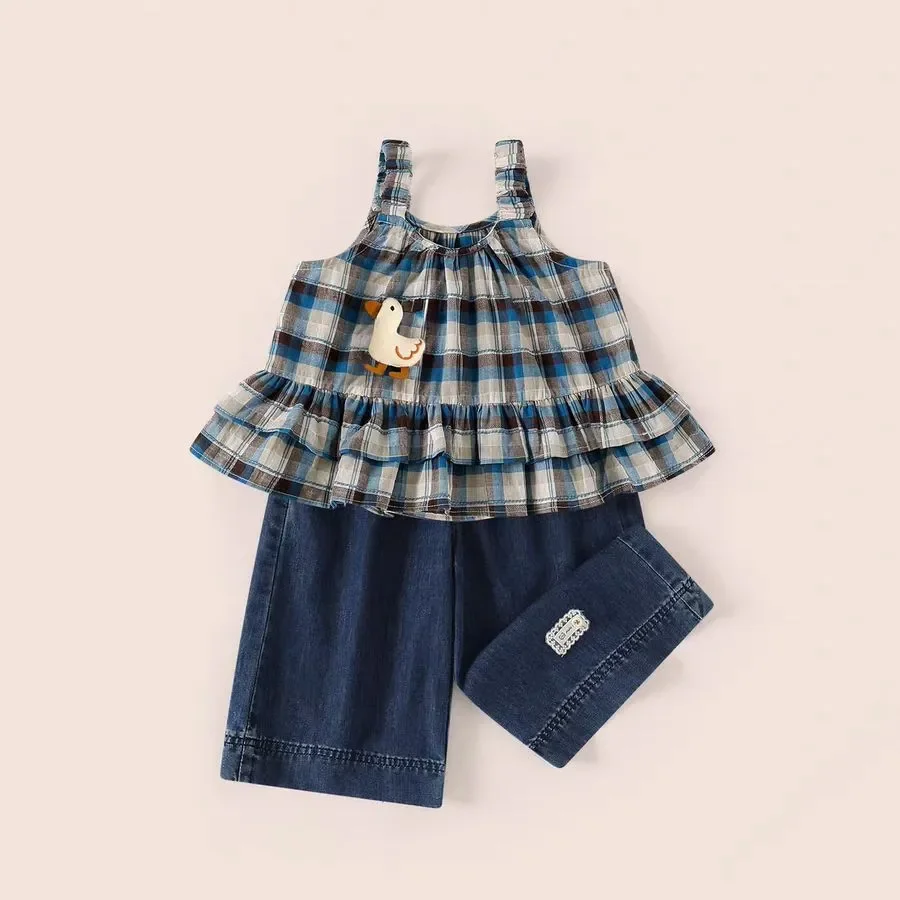 Baby Girls Summer Sweet Children Suits Kids Fashion casual Jean Cute Blue Cartoon plaid TShirt+Jean Pants 2Pcs Sets Streetwear