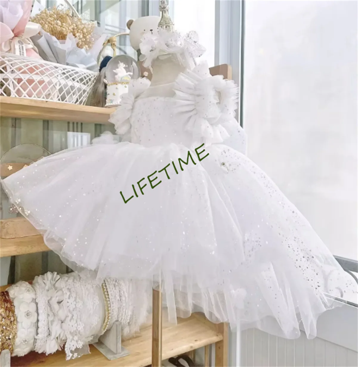 New Arrival White Flower Girl Dress for Wedding Glitter Tulle Sequins O Neck Baby Girls Dresses Christening Gown