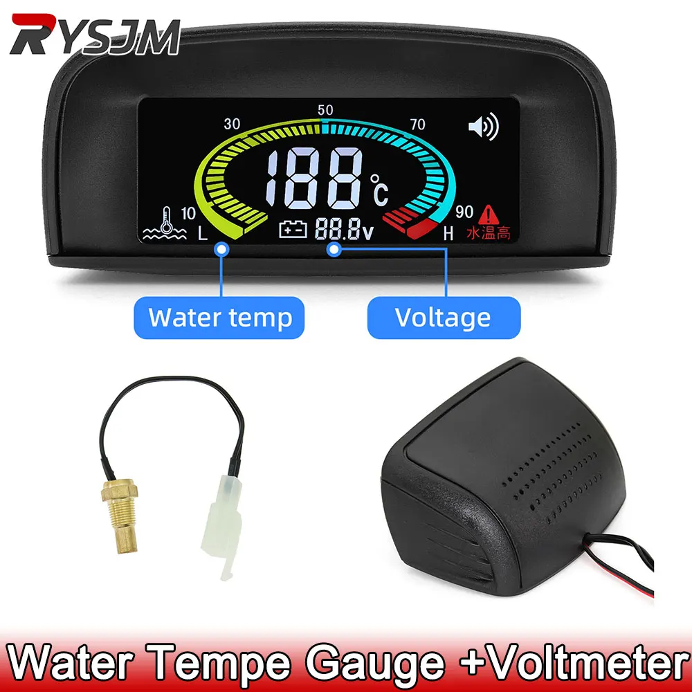  12v 24v Car Truck Water Temperature Gauge + Voltmeter Water Temp Sensor 10mm Voltage Gauge with Alarm 2 In 1 Meter Sunshield 