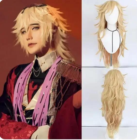 Douma Peluca de Cosplay rubia ondulada Extra larga con flequillo para hombres, Halloween, Navidad, Día de Acción de Gracias escolar, 12 pulgadas