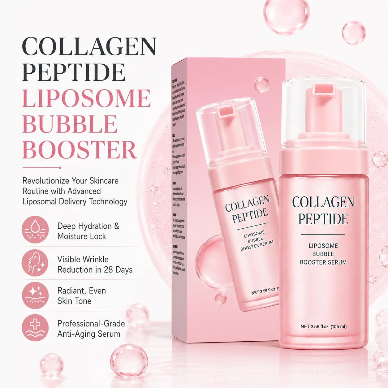 105ml Collagen Peptide Liposome Bubble Booster, Plumping Firming Hydrating Face Serum with Micro-Bubble Foam,