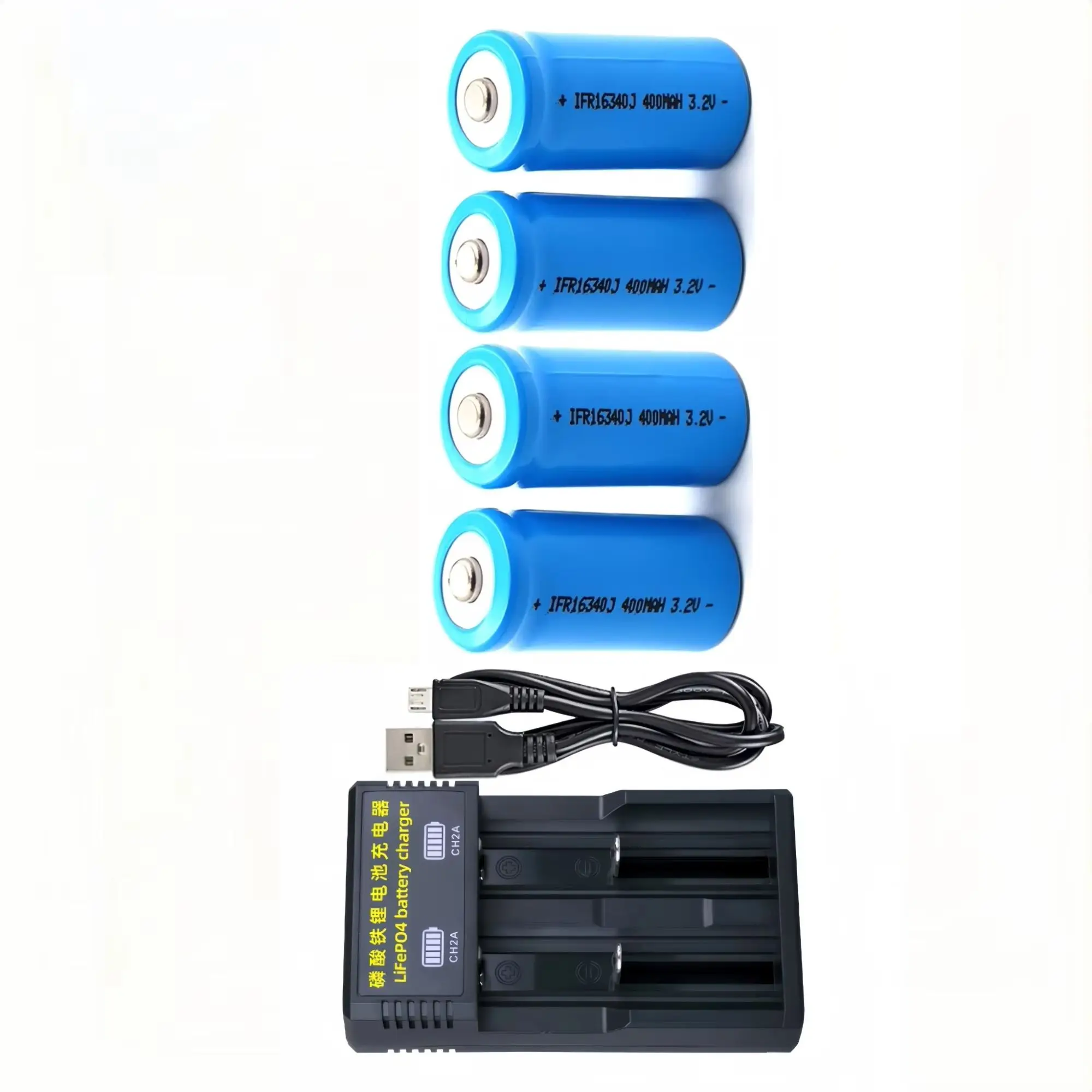 

4PCS 16340 LiFePO4 Battery 3.2V 400mAh CR123A Charger for Camera Smoke alarm Rechargeable headlamp Monitor Spy cam Gps tracker
