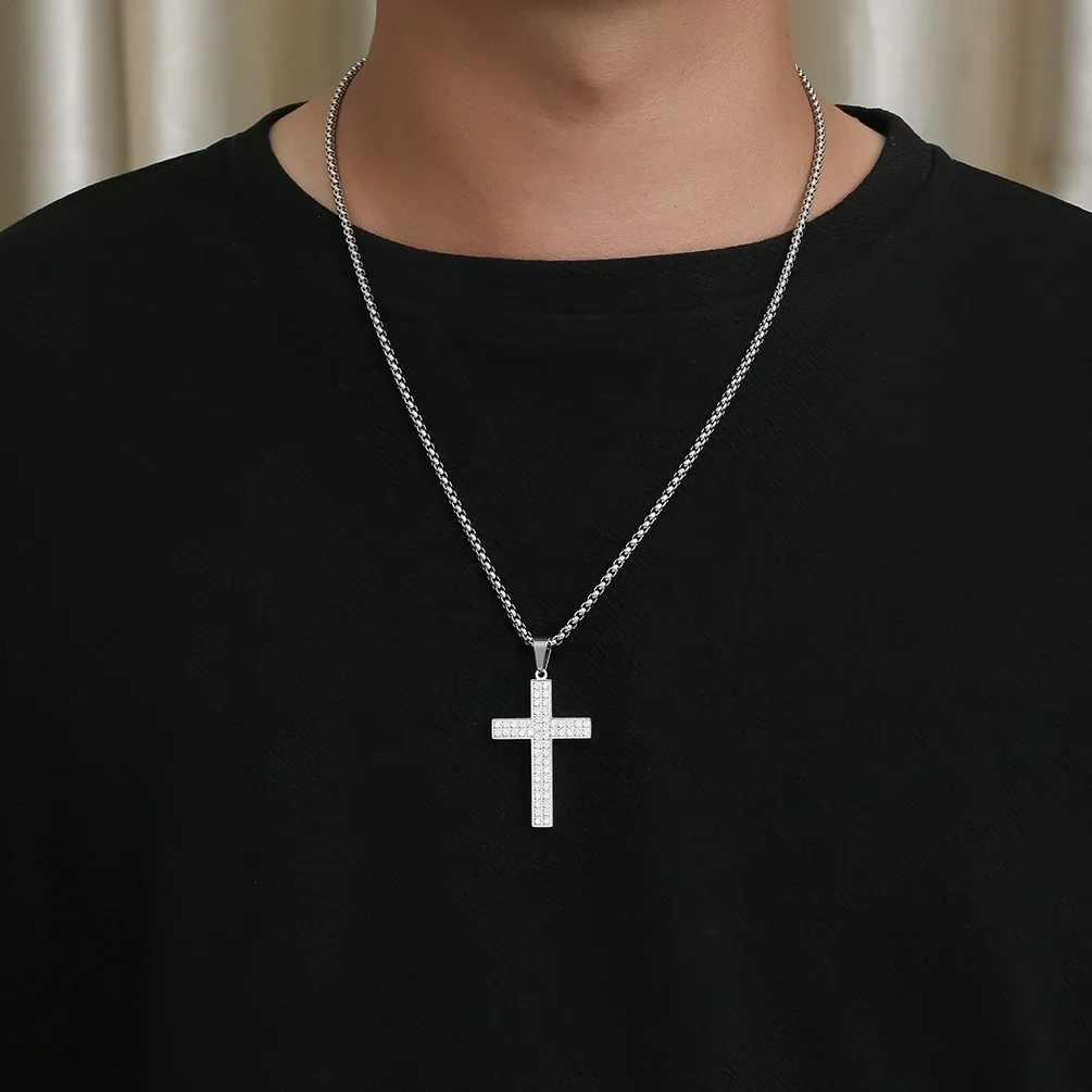 JHSL  Men Cubic Zircon Cross Pendants Statement Necklace Fashion Christian Jewelry Chain Stainless Steel Black Gold Silver Color