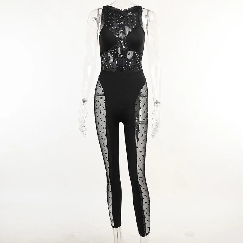 Summer Sexy Hollow Out Black Jumpsuits Women Sequins Elastic Slim Sleeveless Long Jumpsuit 2022