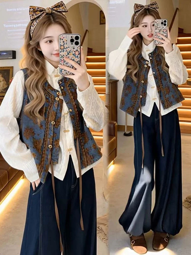 

Комплект из вышитой джинсовой жилетки и брюк-фонариков: новая коллекция Весна 2026, повседневный модный женский ансамбль