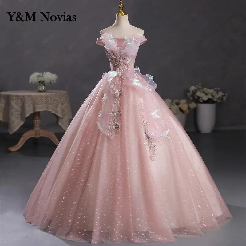 Y&m Novias Floral Print Shining Strapless Pink Quinceanera Dresses Ball Gown Flower Women Vestidos Debutantes 15 Anos plus Size