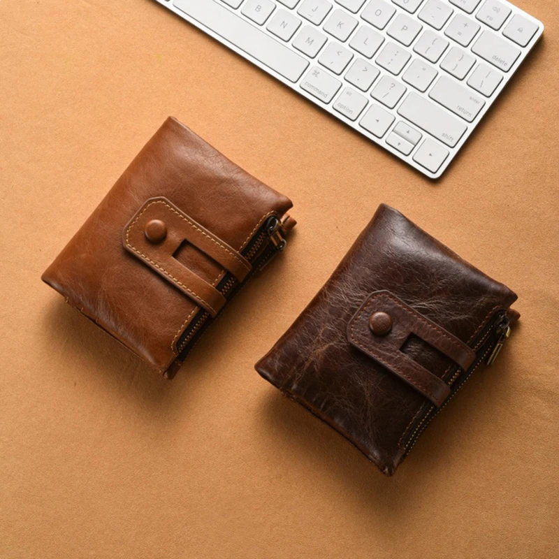 Men's Short Vegetable Tanned Leather Coin Purse RFID Blocking Zipper & Snap Closure Vintage Multi-functional Genuine Wallet