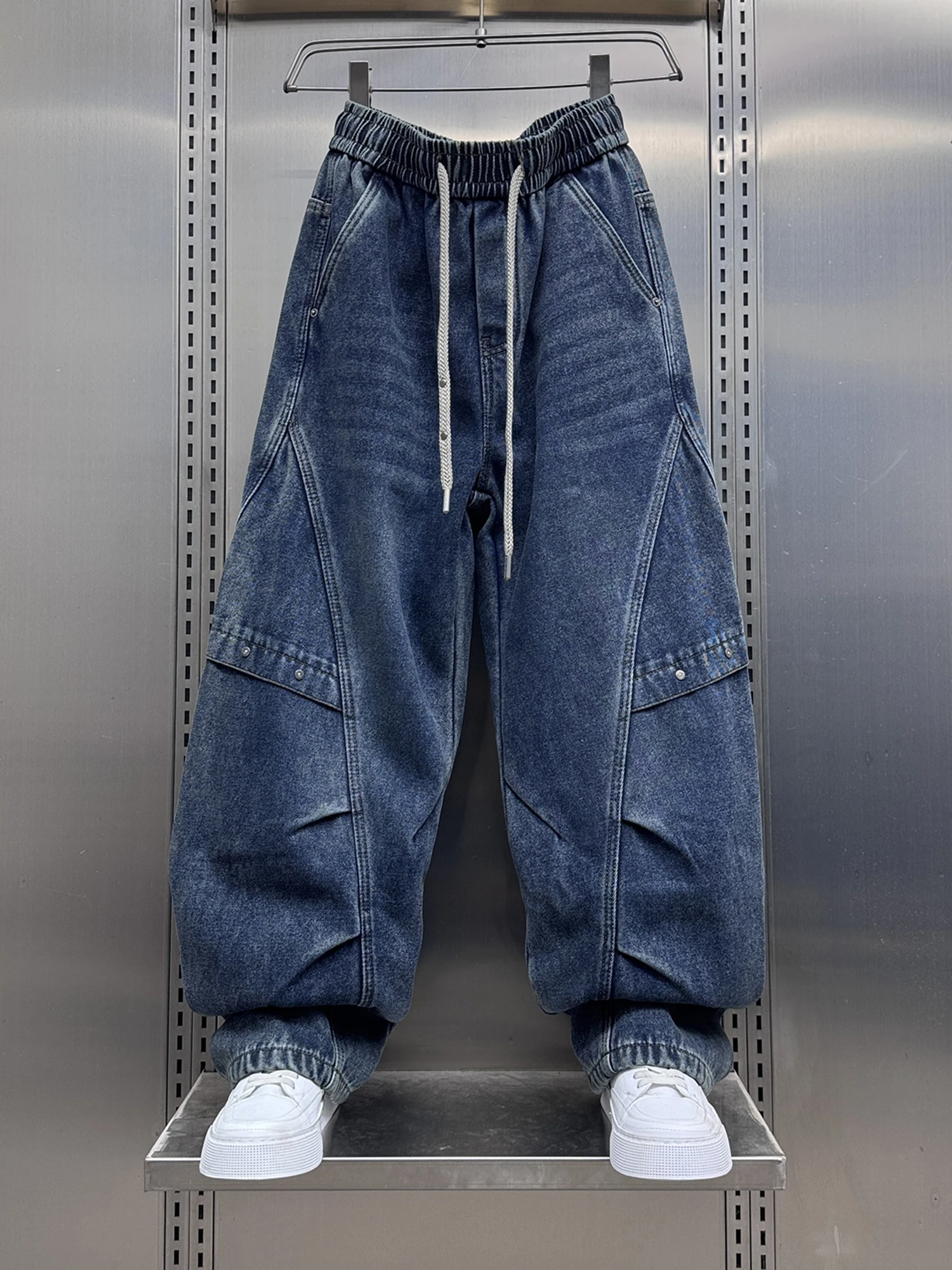 

Новые зимние мужские джинсы с флисовой подкладкой, в американском стиле, с пэчворком, свободные, широкие штанины, на шнурке, длинные брюки, модные повседневные джинсы