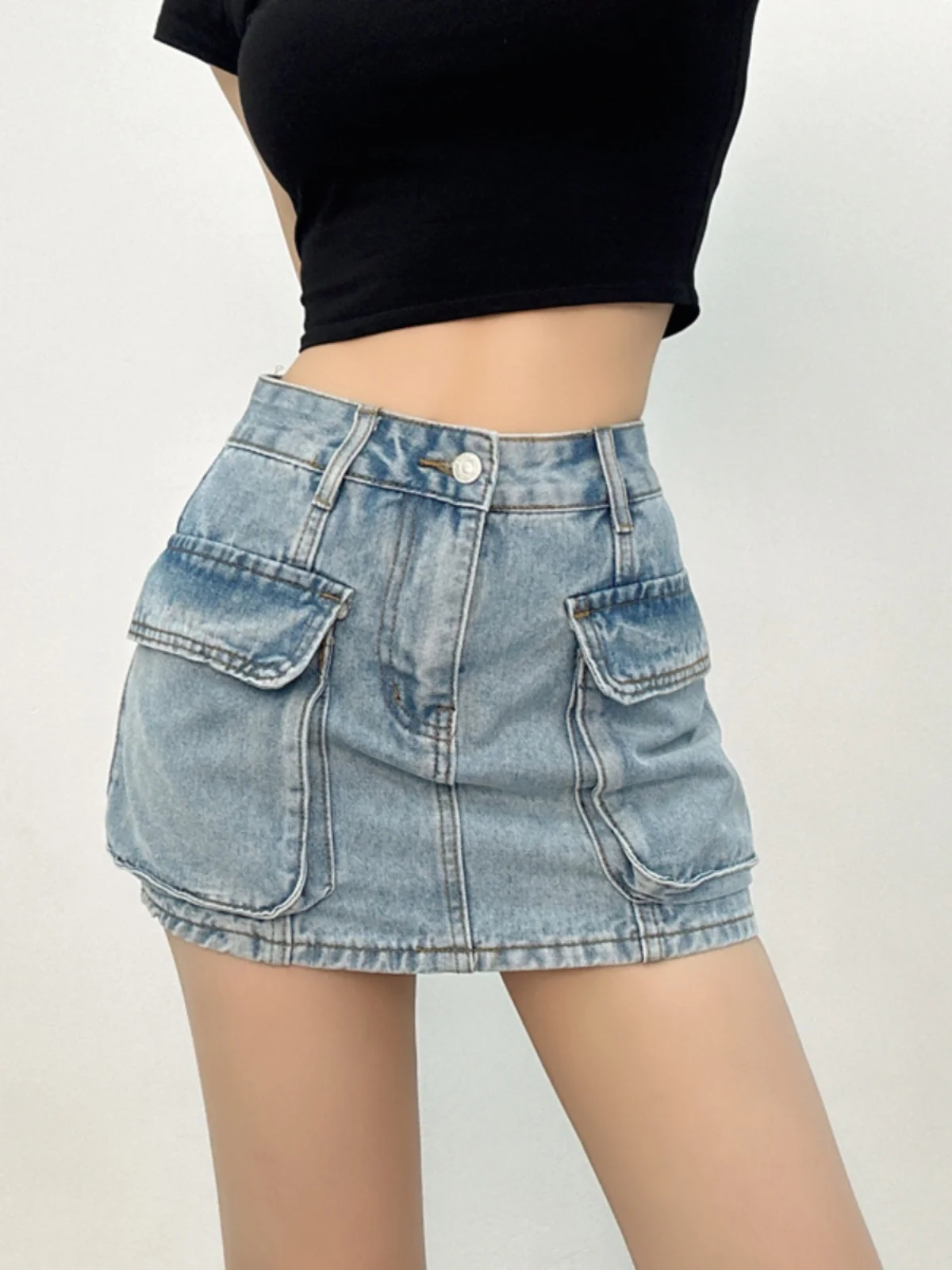 

Style Retro American Gradient Denim Short Skirt Women 2024 Summer New Spicy Girl Loose Large Pocket Wrap Hip Mini Skirt 7ZMR