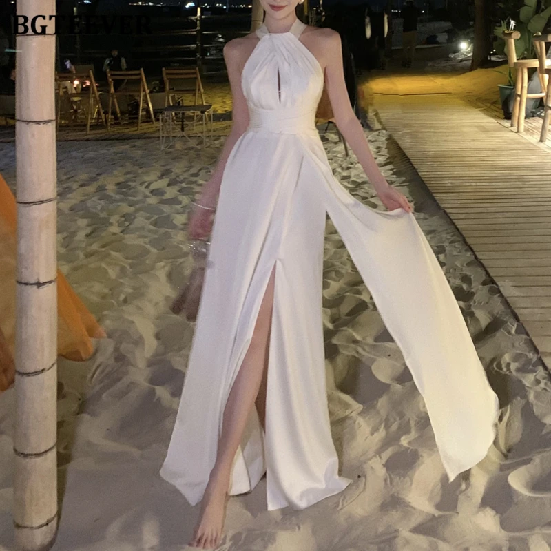 

BGTEEVER Elegant Halter Ladies Split Backless Party Dress Spring Summer Fashion Slim Waist Female Sleeveless A-line Satin Dress