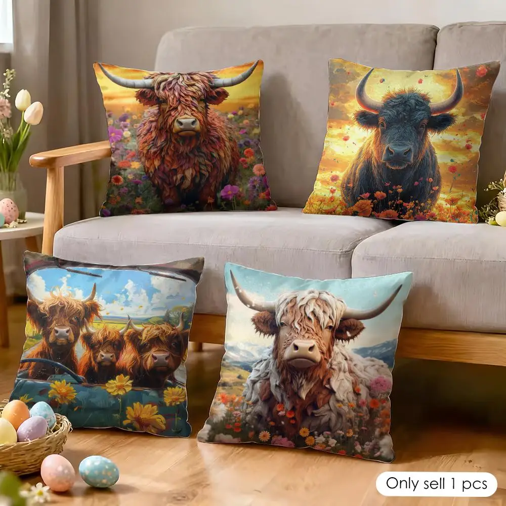 Vibrant Highland Cow Pattern Cushion Cover Soft Short Plush Pillow Cover Smooth Cozy Texture Aesthetic Cushion Case Home Decor