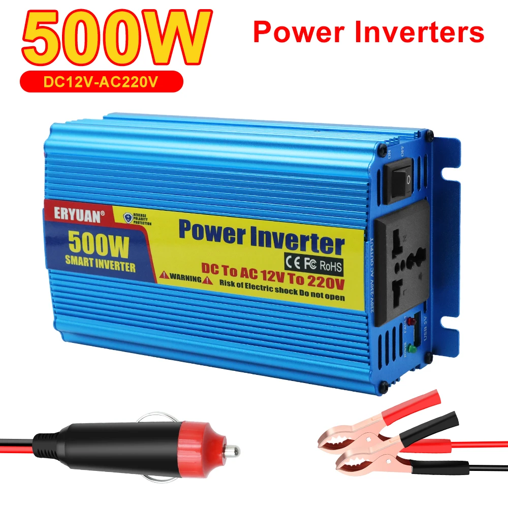 500W Auto Power Supply Inverter DC 12V To AC 220V Cigarette lighter interface Conversion USB Battery Clip Car Power Inverter