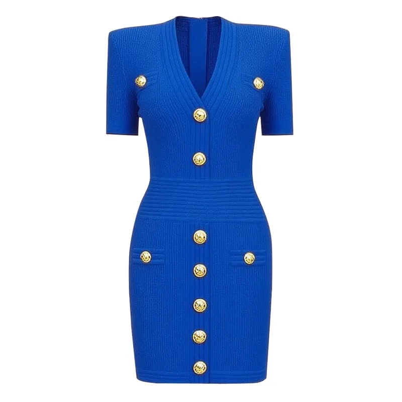 جودة مخصصة في المخزون للتنقل على شكل حرف V، تنورة قصيرة محبوكة كلاسيكية على الإنترنت، فستان بأكمام قصيرة بإبزيم للمشاهير على الإنترنت