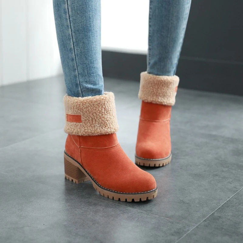 Womens Boots Female Winter Shoes Fur Snow Boots Warm Plush Women\'s Shoes Square High Heel Ankle Boots Black Botas De Mujer