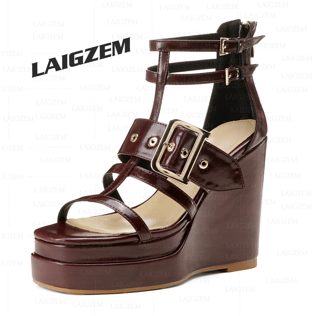 

LAIGZEM Women Sandals Real Leather/Suede Platform Wedges Square Open Toe 11.5CM High Heels Pumps Ladies Shoes Woman Size 34 40