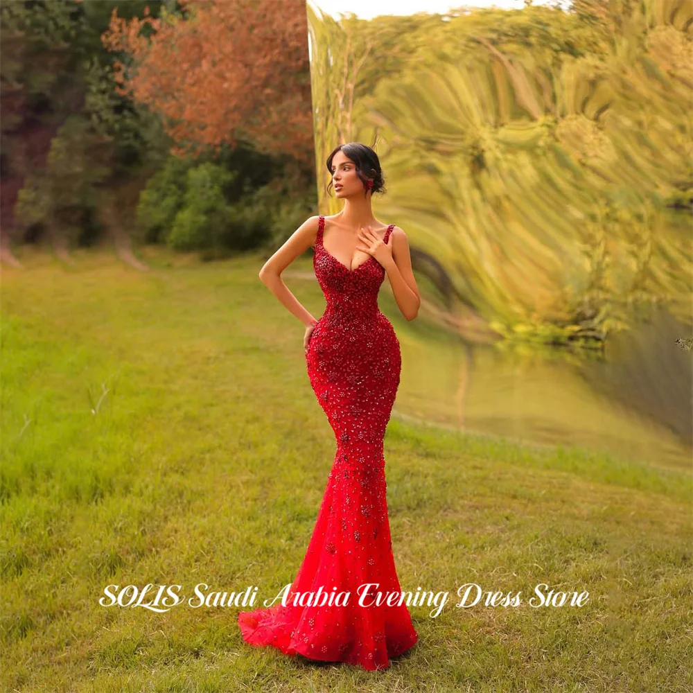

SOLIS Red Evening Dress Spaghetti Strap Party Dresses Sleeveless Prom Gown Full Beaded Bodice robes du soir Trumpet Customized