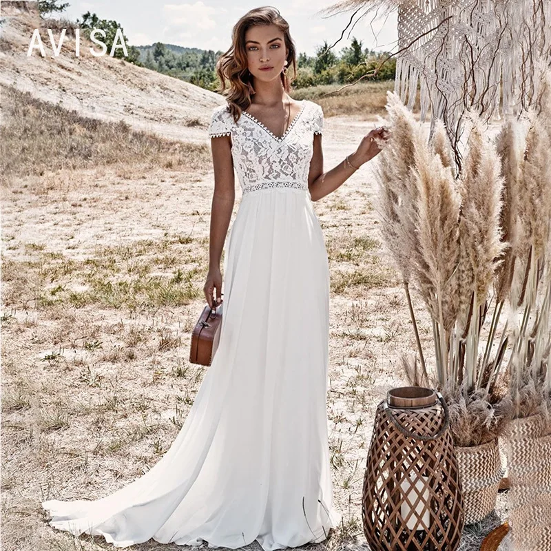 

Boho Lace Wedding Dress Sweep Train A-Line Appliques Backeless V-neck Stain Bridal Gown Sleeveless Vestidos De Novia 2024