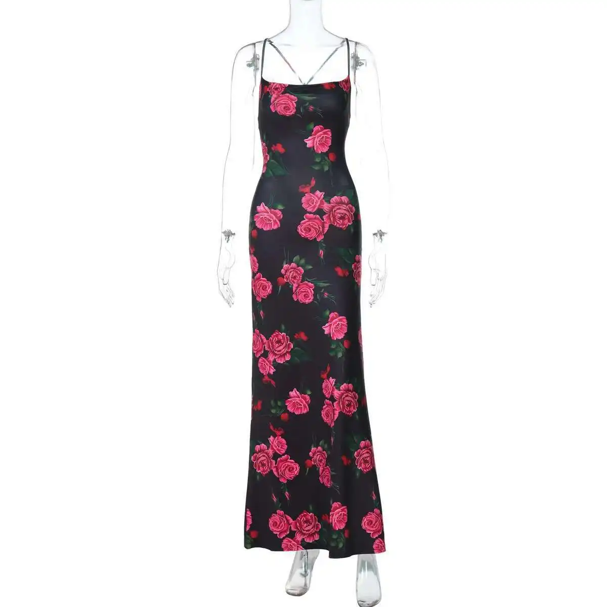

Women's Clothing Wind 2025 Spring New Style Fashionable Temperament Flower Print Sexy Big Backless Strap Dress Women Elegant