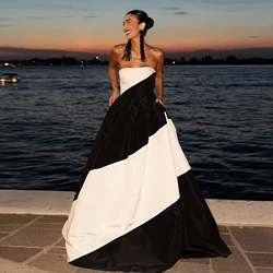 Chic Black and White Maxi Evening Dresses with Pockets Strapless 2 Colors Taffeta Ball Gown Prom Dress 2025 Pageant Formal Gown
