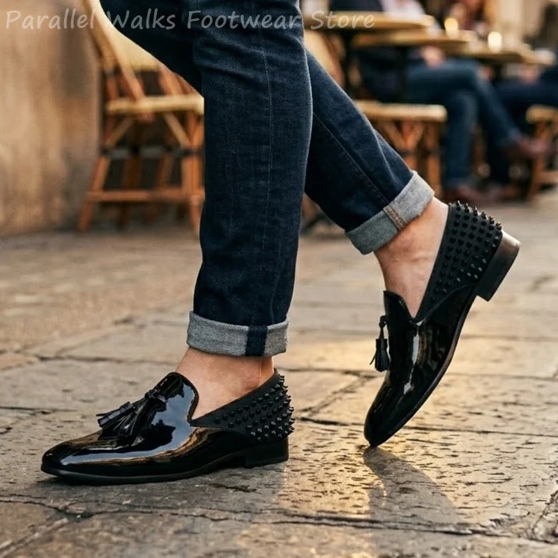 Mens Studded Patent Leather Tassel Loafers Formal Party Evening Shoes Spiked Slip On Gentlemen Oxford Dress Footwear Moccasins