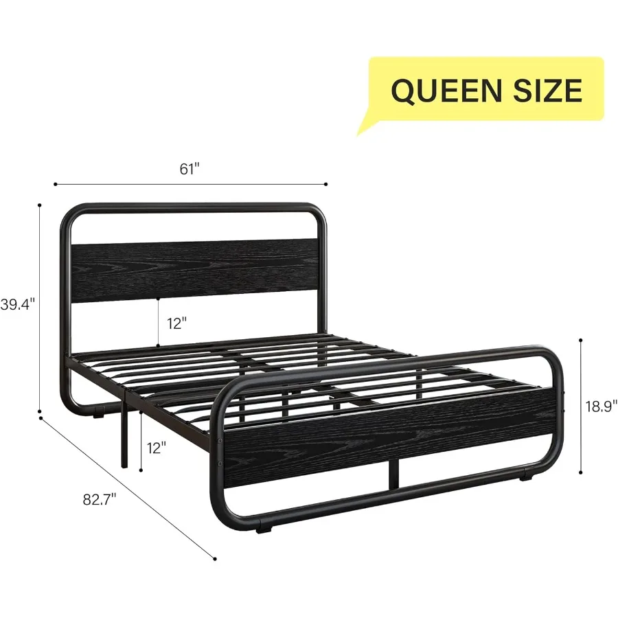 Rama łóżka typu queen z oświetleniem LED, wytrzymała metalowa rama łóżka platformowego w stylu rustykalnym z drewnianym zagłówkiem, rama łóżka platformowego typu queen size.