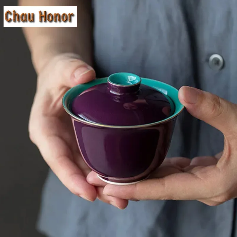 125ml Handmade Purple Glaze Ceramic Tea Tureen Chinese Imperial Palace Style Tea Maker Gaiwan Kung Fu Puer Tea Set Tea Ceremony