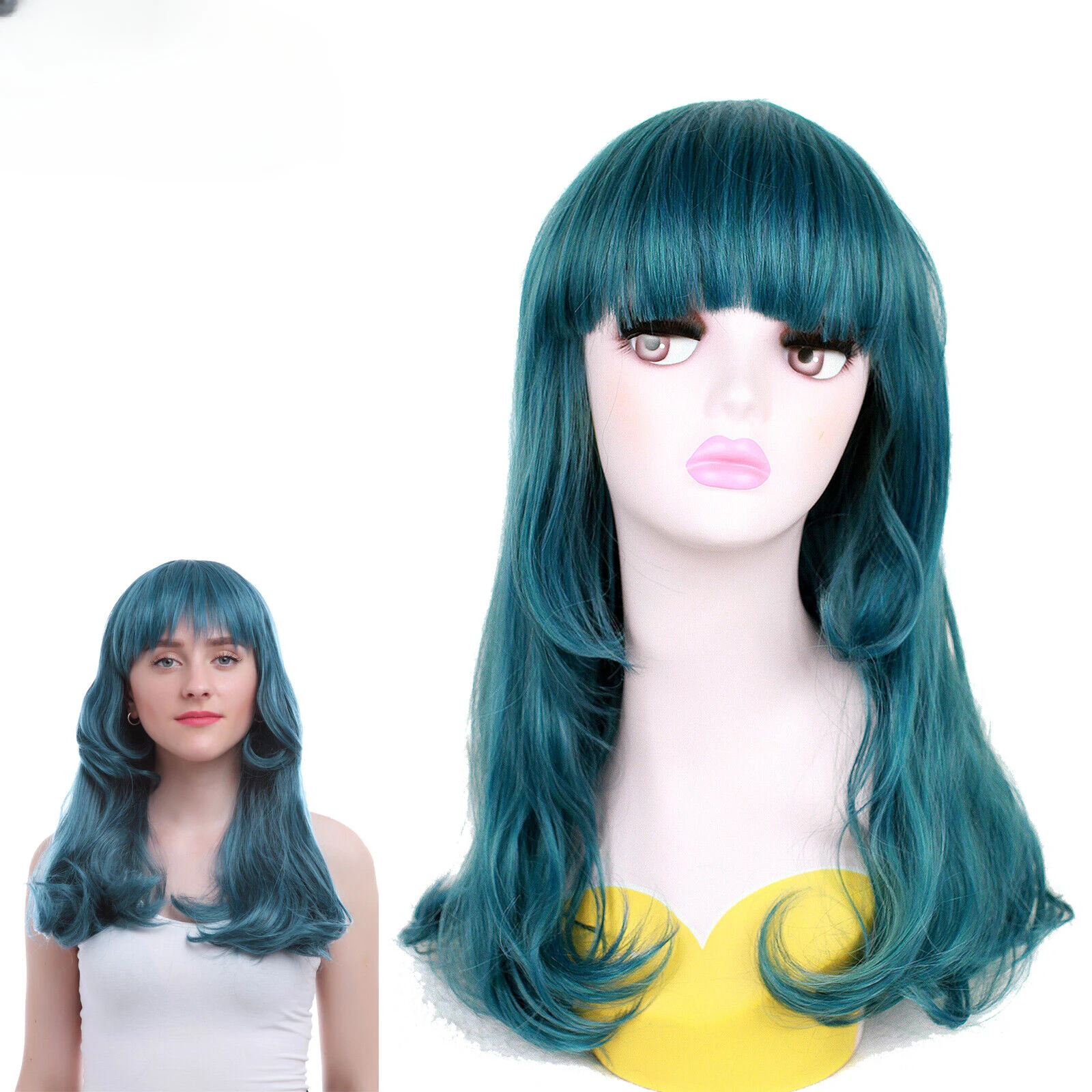 50cm Women Girls Harajuku Cosplay Wig Dark Green Layered Wave Party Hair