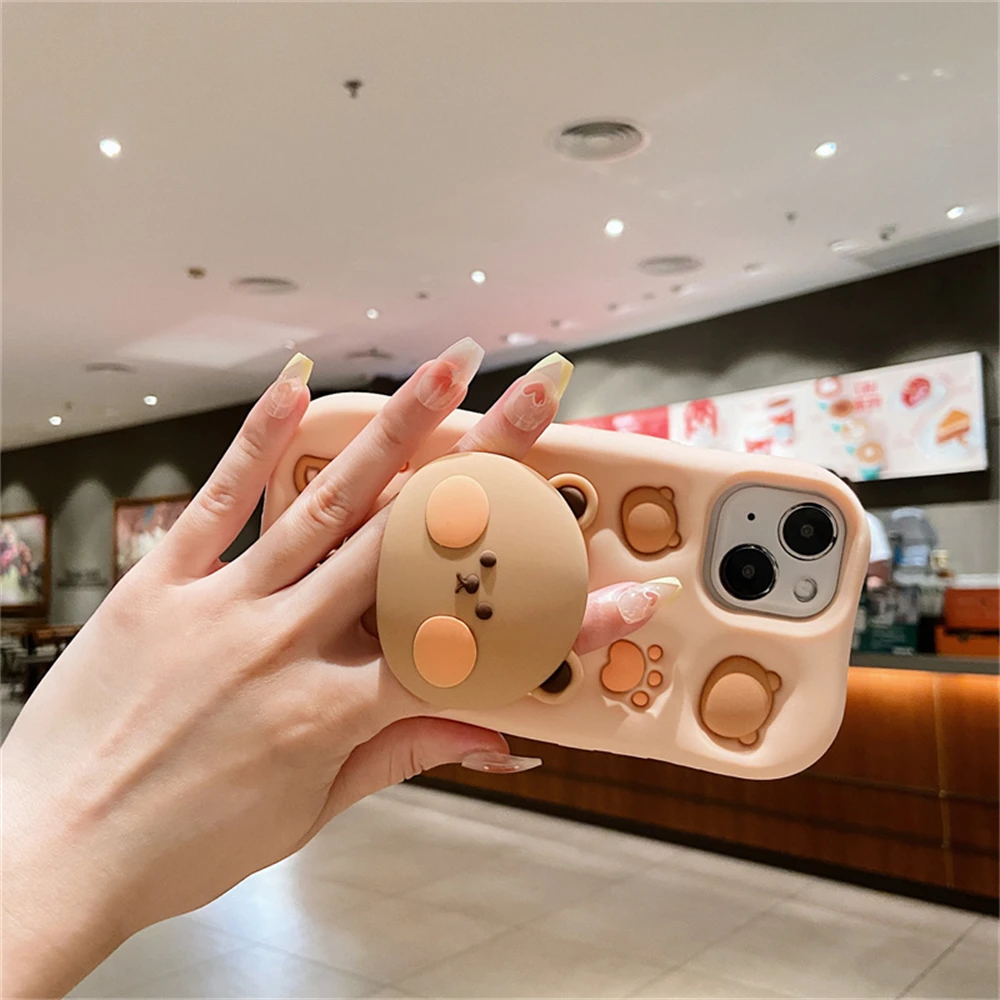 Cute 3D Cartoon Bear Paw Holder Grip Phone Case For iPhone16 15 14 13 12 11 Pro Max Lovely Silicone Soft Cover Camera Protection