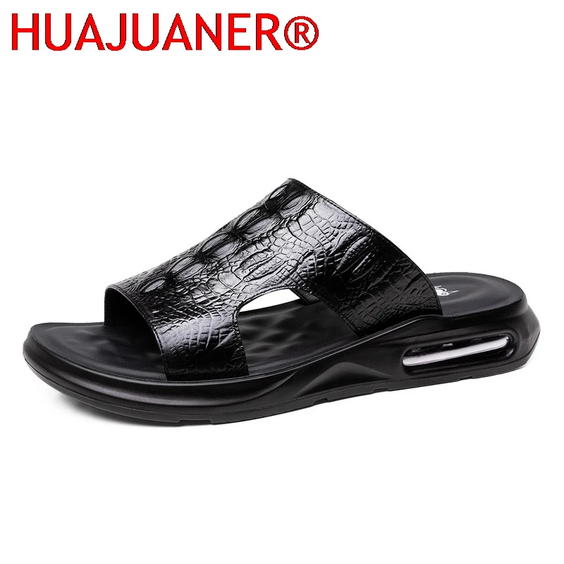 

Summer New Shoes for Men Genuine Leather Sandals Crocodile Print Casual Slipper Air Cushion Flip Flops Cool Beach Shoes