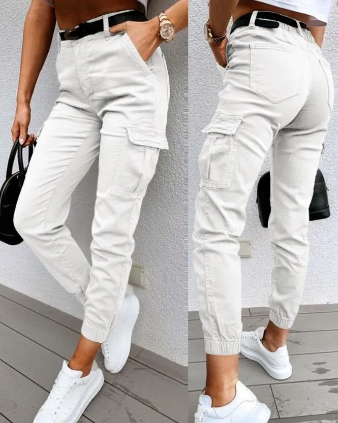 Y2K Pantaloni da donna 2023 Autunno Nuovo Abbigliamento Solid Pocket Design Vita alta Moda Casual Skinny Pantaloni cargo lunghi Abbigliamento da