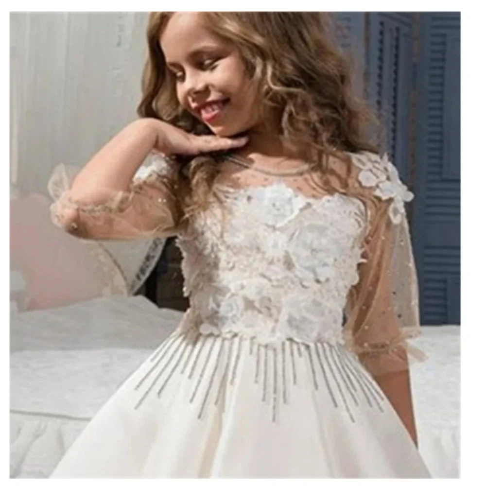 Vestidos elegantes de encaje satinado para niña, vestido de desfile con apliques para la primera comunión, vestidos de fiesta de cumpleaños