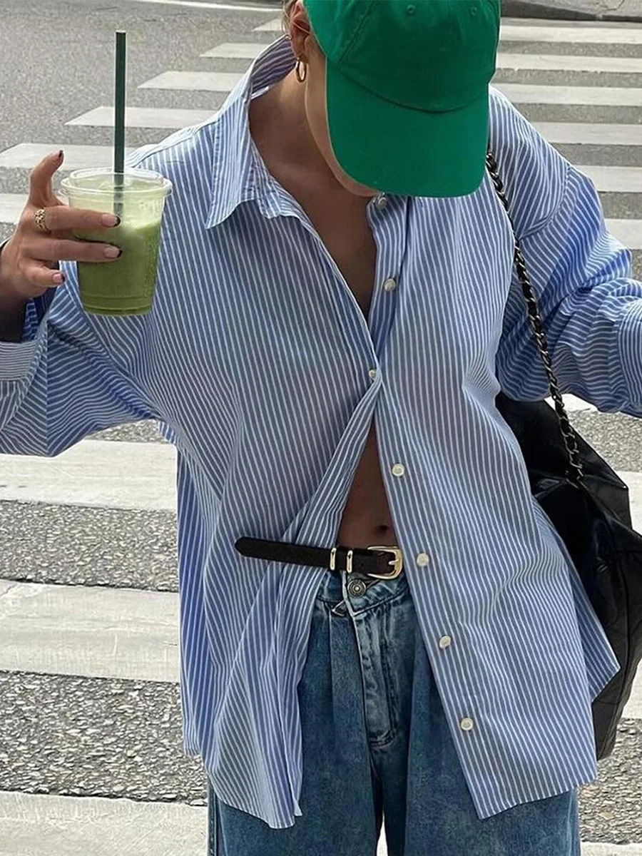 بلوزة فضفاضة مخططة طويلة Sve irt للنساء كاجوال Sle مريح مناسب بنمط مخطط صيفي وصل حديثًا ملابس نسائية