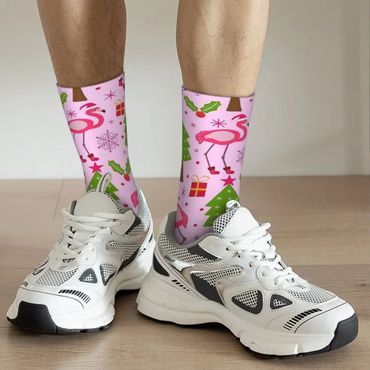 Christmas Tropical Flamingo With Pine Tree On Pink Socks Harajuku Stockings All Season Long Socks for Man Woman Birthday Present