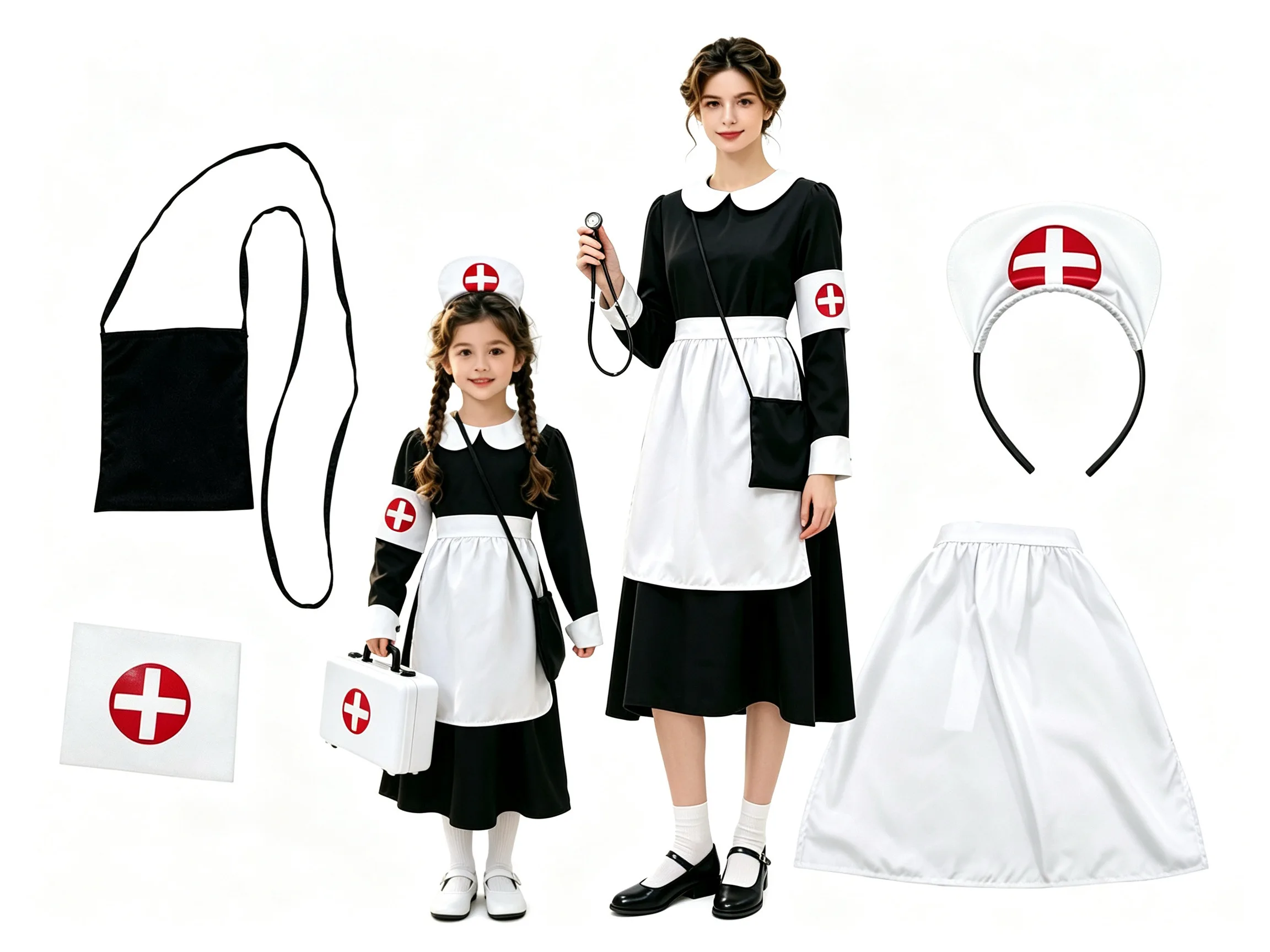

Padres E Hijos Doctor Maid Costume Enfant Halloween Party Stage Performance Adult Role-playing Nurse Maid Black White Dress 2026