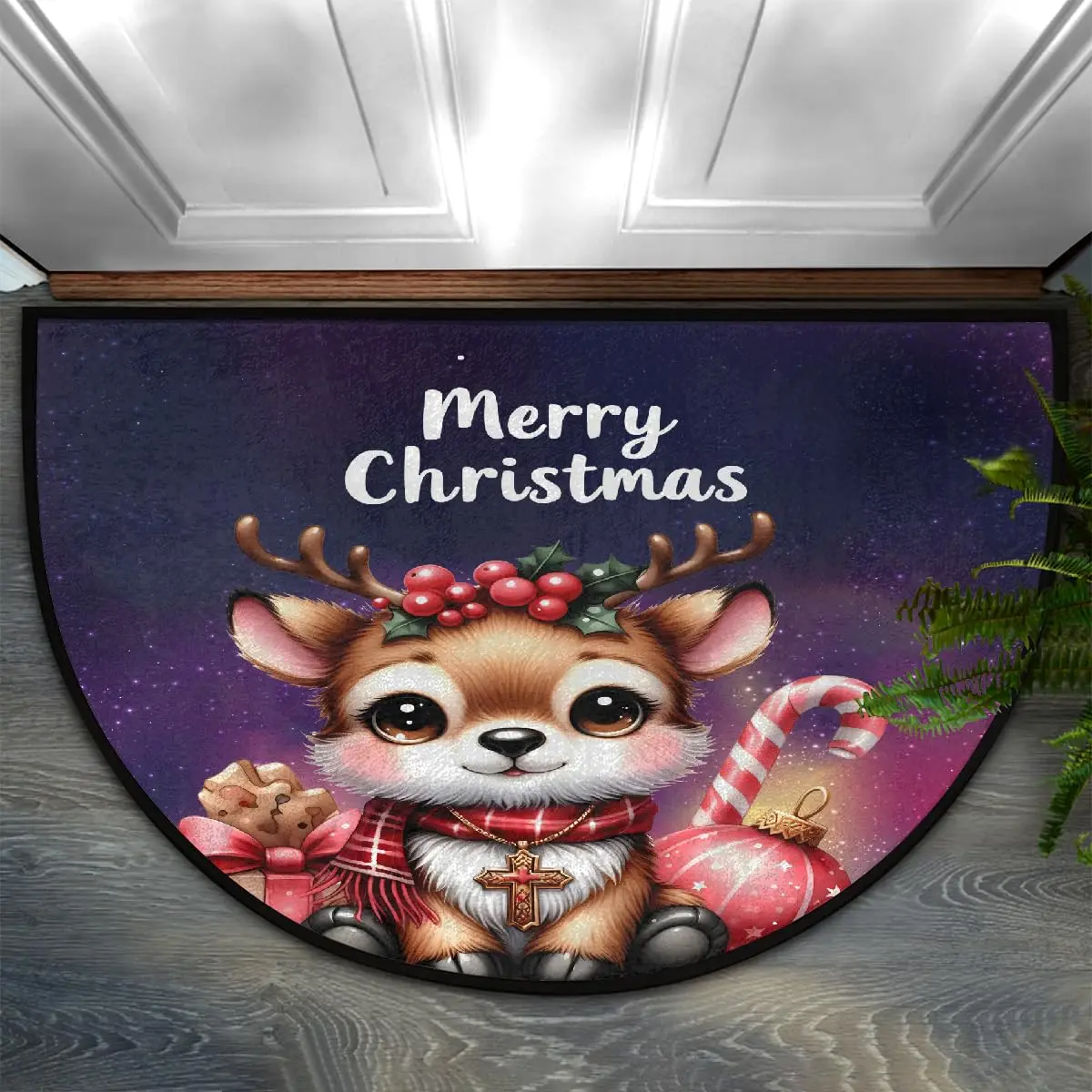 VIKAMA Christmas Reindeer Half Round Door Mat Non Slip Washable Semi Circle Area Rug Absorbent Soft Half Moon Rug Home Decor