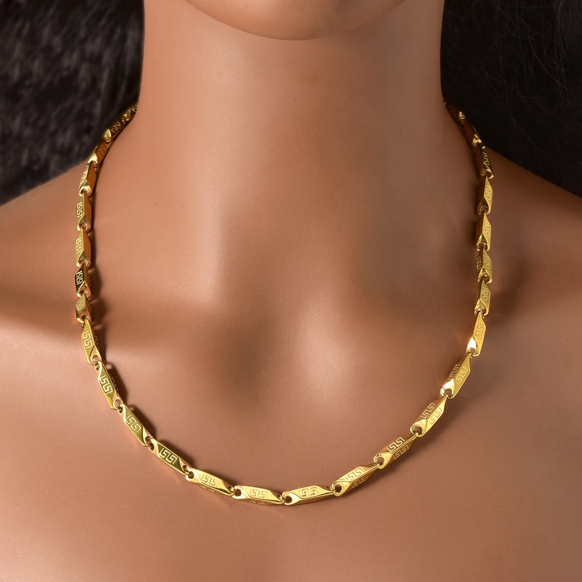 18K Gold Plated Link Chain Necklace Women Stainless Steel Engraved Geometric Choker Anti Tarnish African Ethnic Daily Jewelry