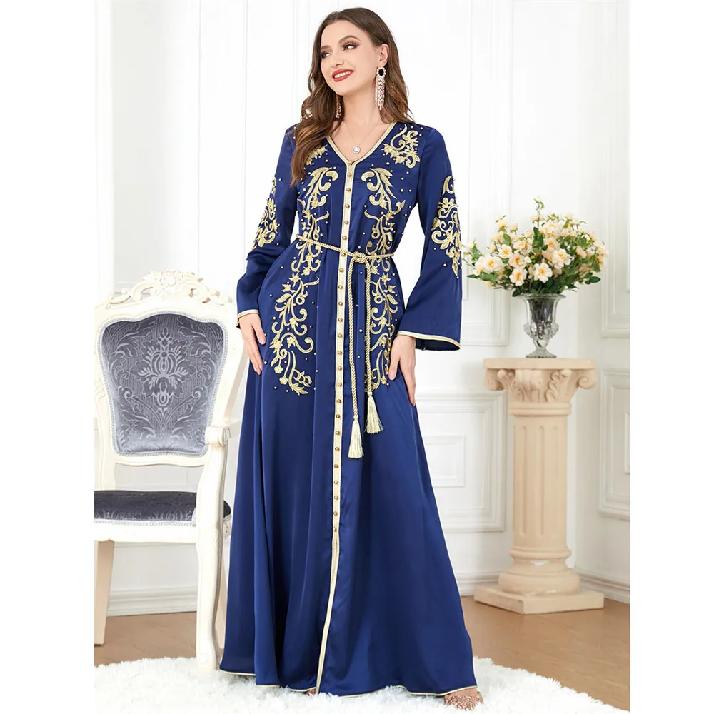 Eid Mubarak Djellaba Beaded Embroidered Muslim Women Maxi Dress Ramadan 2024 Fashion Abaya Dubai Turkey Kaftan Islamic Jalabiya