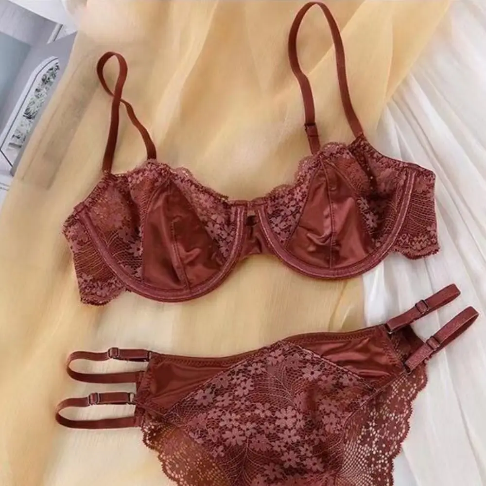 

Fashion Mesh Lace Flower Bra Satin Silk Anti-sagging Push Up Bra Shockproof Lingerie Underwear for Women Women