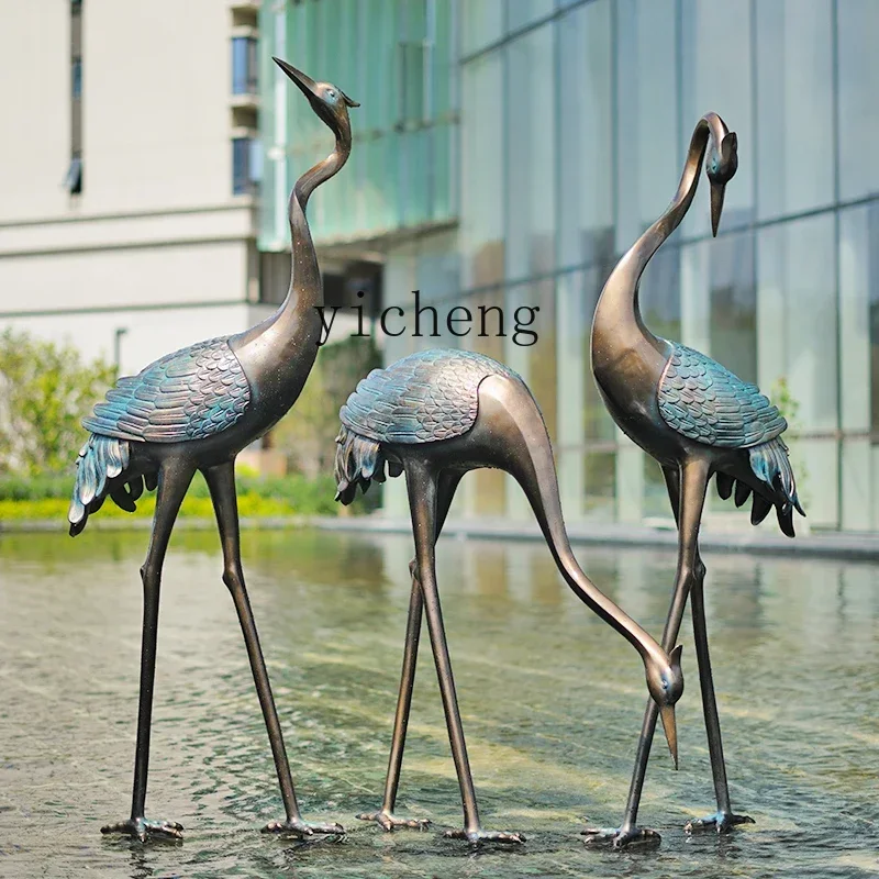 b206Z Outdoor Crane Sculpture Pool FRP Courtyard Imitation Copper Decoration Abstract Landscape Furnishing Articles