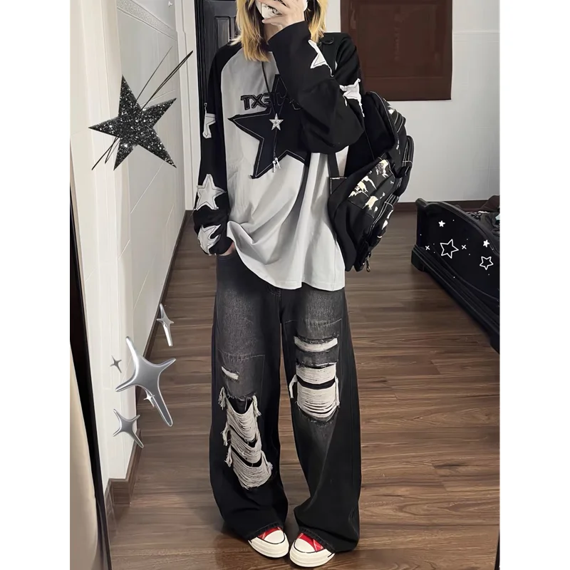 

2023 Foufurieux Y2K Korean Retro Hole Repair JeansMens Womens American Style High Street LooseStraight Wide Leg Mopping Trousers