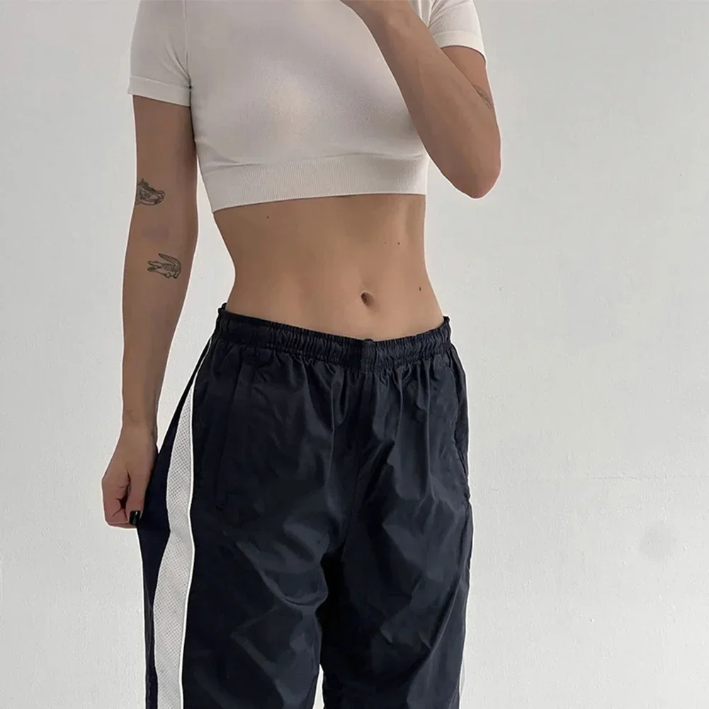 Women Clothing Baggy Pants Casual Contrast Color Daily Elastic Microelasticity Solid Color Splicing Long Lasting