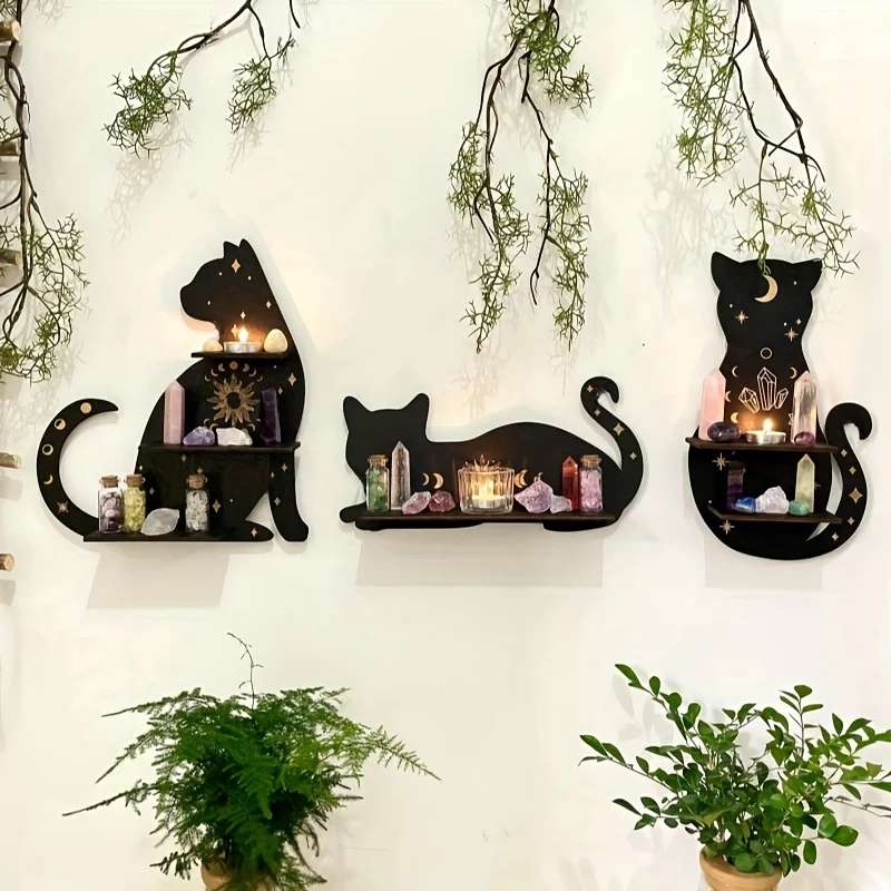 1 cute black cat ledge, decorative crystal ledge, wall mounted display stand for living room bedroom decoration, home decoration