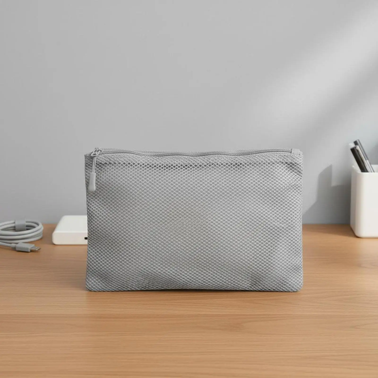 Double Compartment Polyester Storage Pouch Rectangular Mesh Makeup Organizer Bag for Cables Cosmetics Travel