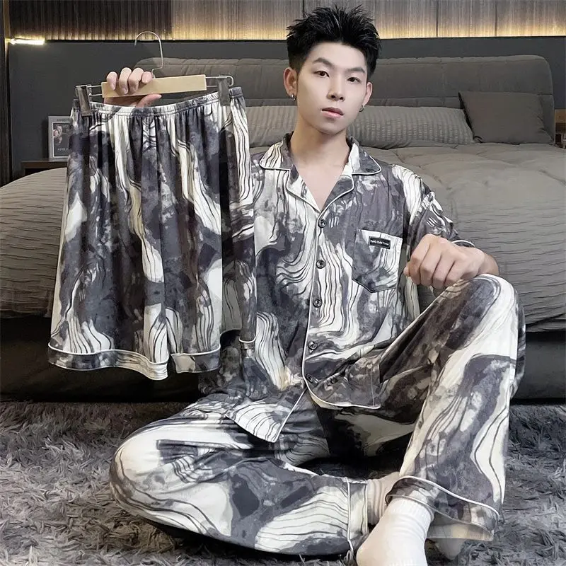 

290pounds Extra Large Size Ice Silk Pajamas Men Summer Short Sleeve Trousers Three Sets Plus Fat Man Loose Home Wear Comfortable