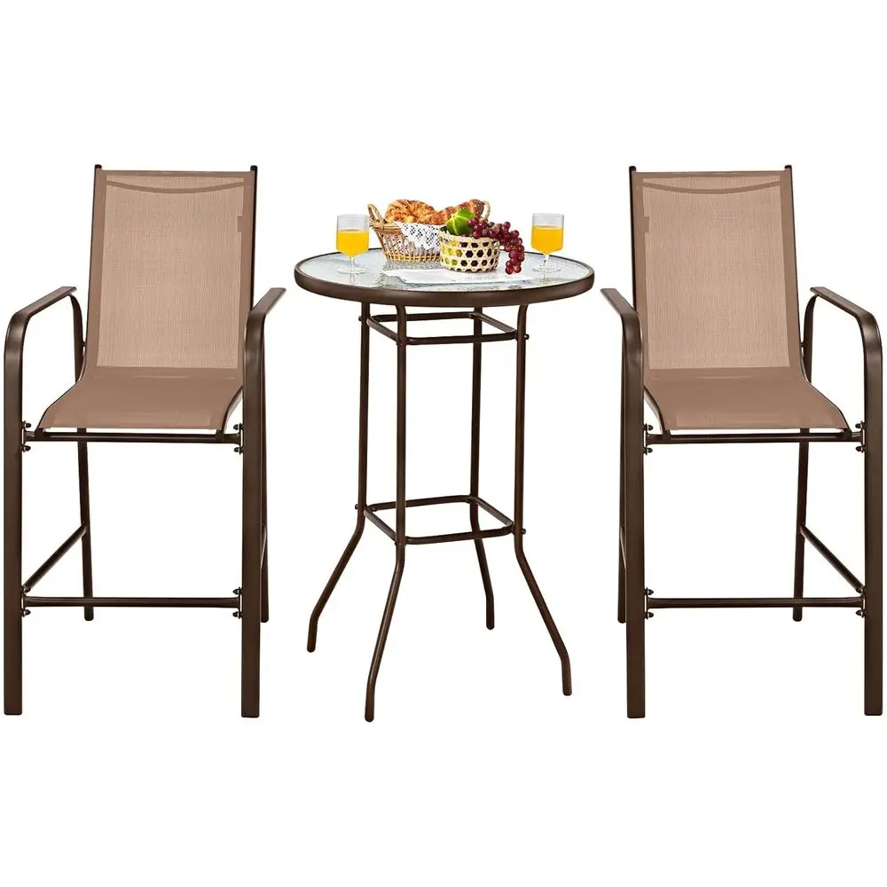 Outdoor Patio Bar Set with 2 Stools and Tempered Glass Table for Backyard, Garden, Lawn