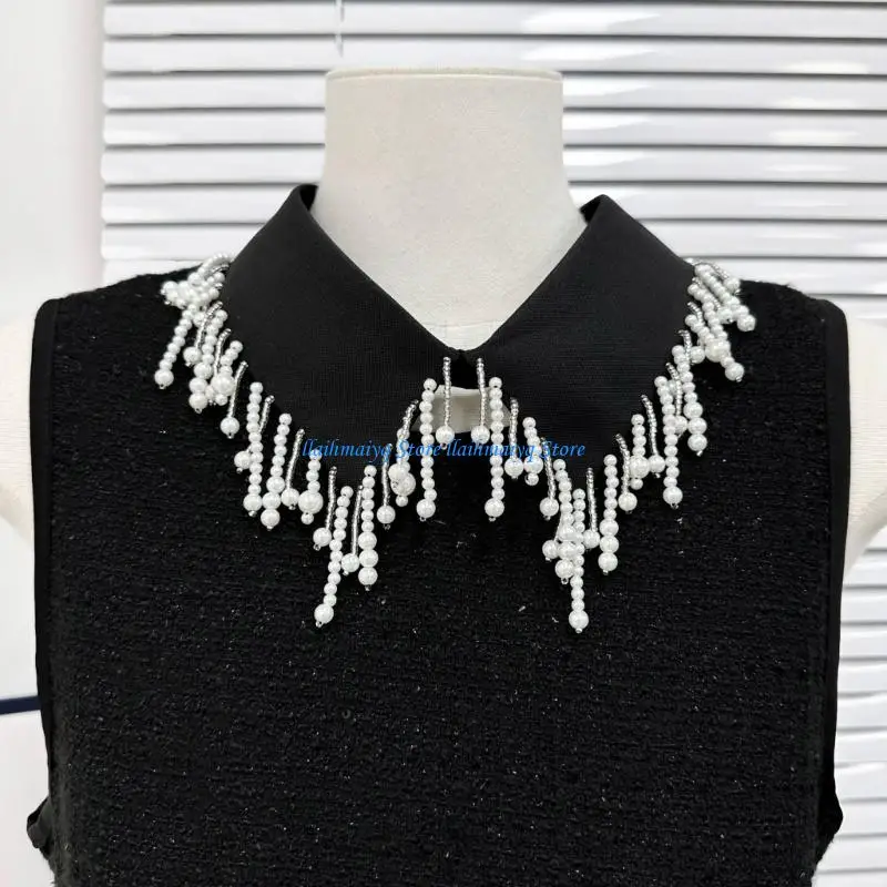 573B Women's Stylish Pearls Beaded Tassels Trim Decorated Faux Collar for Office or Casual Wear Choker Necklace Shirt Accessory