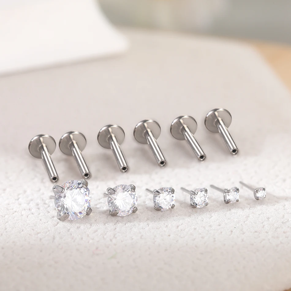 1PCS Titanium Push-in Labret Piercings with 1.5/2/2.5/3/4/5mm Pink Zircon Threadless Stud Earrings Tragus Helix Piercing Jewelry