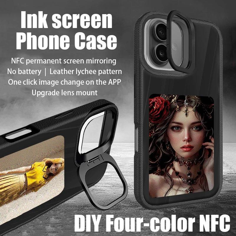 

Чехол для телефона iPhone 16, чехол для iPhone с чернильным экраном, кожаный кронштейн с узором «сделай сам», 4 цвета, NFC, защитный чехол для проекционного экрана
