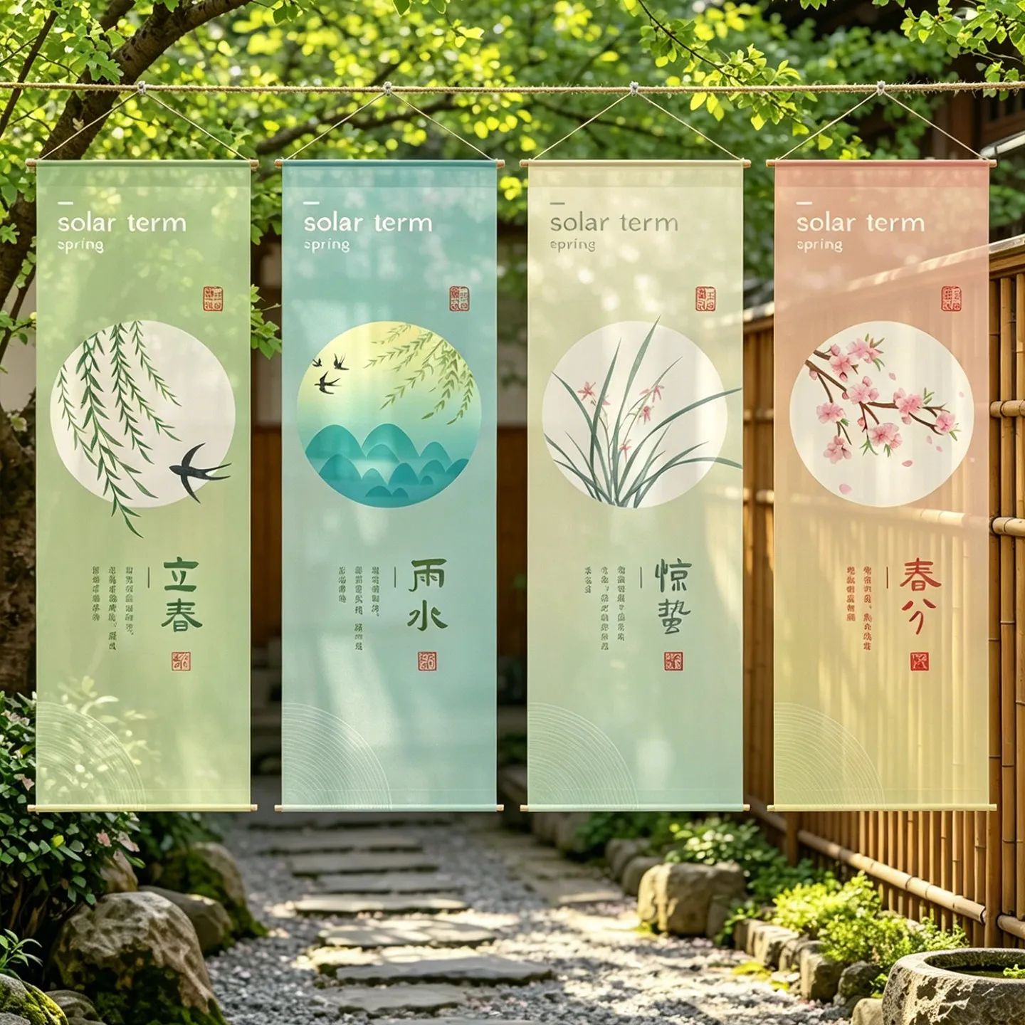 24 Solar Terms Eastern culture hanging room divider – Semi Transparent Ink Wash Gauze Hanging Divider, Zen Garden Curtain